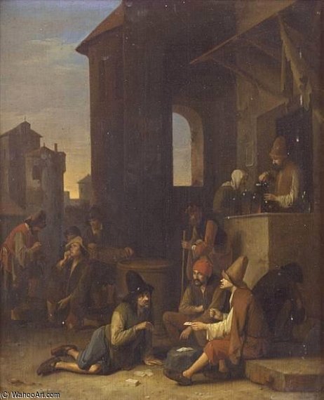 WikiOO.org - Εγκυκλοπαίδεια Καλών Τεχνών - Ζωγραφική, έργα τέχνης Pieter Harmansz Verelst - Peasants Playing Cards Before A Tavern