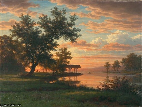 Wikioo.org - The Encyclopedia of Fine Arts - Painting, Artwork by Robert Zund - Abendstimmung Am Seeufer Evening On The Lakeside