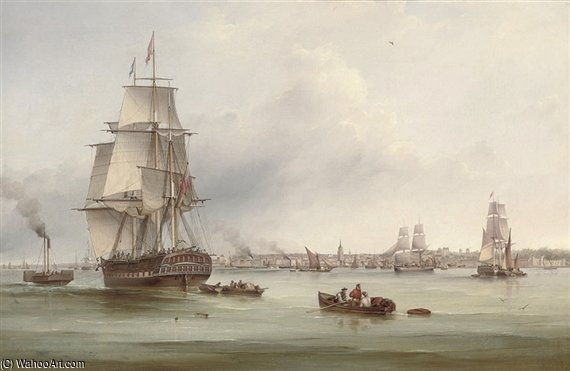 Wikioo.org - The Encyclopedia of Fine Arts - Painting, Artwork by Samuel Walters - The Three-masted Merchantman Thames Under Tow Off Gravesend
