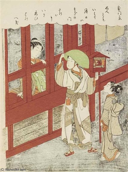 Wikioo.org - The Encyclopedia of Fine Arts - Painting, Artwork by Suzuki Harunobu - A Courtesan Speaking With A Young Man Dressed As A Komuso From The Inside Of A Brothel