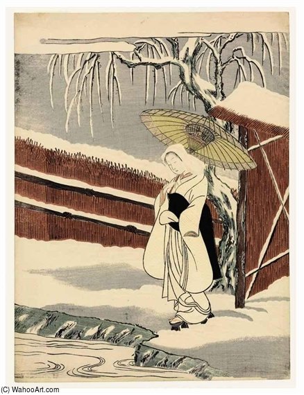 WikiOO.org - Encyclopedia of Fine Arts - Schilderen, Artwork Suzuki Harunobu - Beauty Under An Umbrella In The Snow