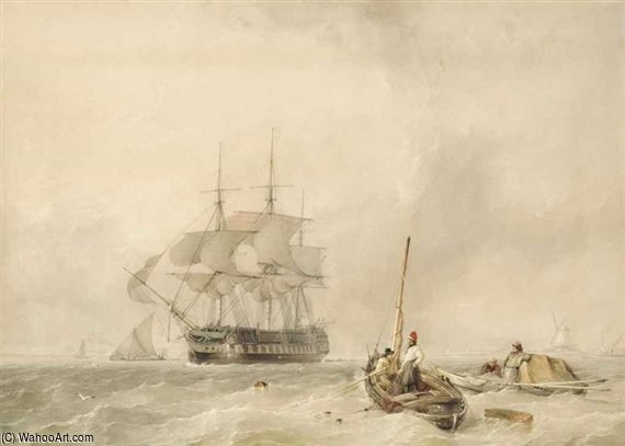 Wikioo.org - สารานุกรมวิจิตรศิลป์ - จิตรกรรม Thomas Sewell Robins - A Ship-of-the-line Getting Underway From Her Anchorage With Fishermen Observing Her As She Departs