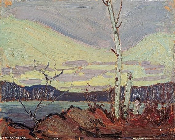 Wikioo.org - The Encyclopedia of Fine Arts - Painting, Artwork by Thomas Clement Thompson - Birch By A Lake With Big Cloud