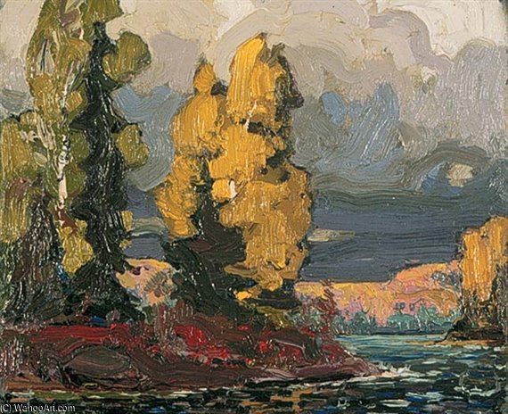 Wikioo.org - Encyklopedia Sztuk Pięknych - Malarstwo, Grafika Thomas Thompson - Poplars By A Lake