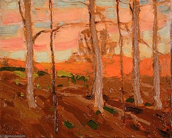WikiOO.org – 美術百科全書 - 繪畫，作品 Thomas Thompson - 树 红  山  和  日落  天空
