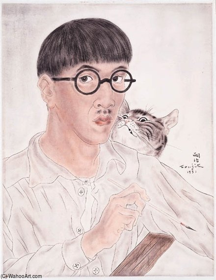 Wikioo.org - The Encyclopedia of Fine Arts - Painting, Artwork by Léonard Tsugouharu Foujita - Auto-portrait Avec Chat
