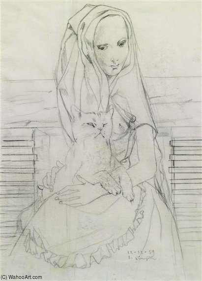 Wikioo.org – La Enciclopedia de las Bellas Artes - Pintura, Obras de arte de Léonard Tsugouharu Foujita - Femme Au Voile Et Au Chat