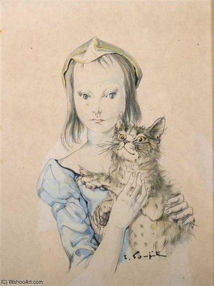 Wikoo.org - موسوعة الفنون الجميلة - اللوحة، العمل الفني Léonard Tsugouharu Foujita - Girl With Kitten