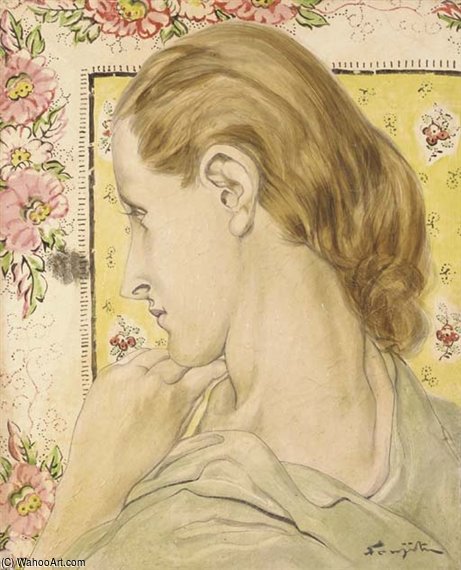 WikiOO.org - Encyclopedia of Fine Arts - Maalaus, taideteos Léonard Tsugouharu Foujita - Jeune Femme À La Tapisserie