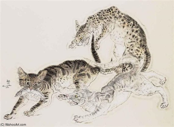 WikiOO.org – 美術百科全書 - 繪畫，作品 Léonard Tsugouharu Foujita - 莱斯聊天（野猫）
