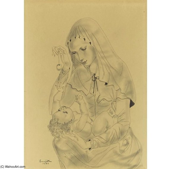 Wikioo.org - The Encyclopedia of Fine Arts - Painting, Artwork by Léonard Tsugouharu Foujita - Mère Balançant Une Breloque Pour Son Enfant