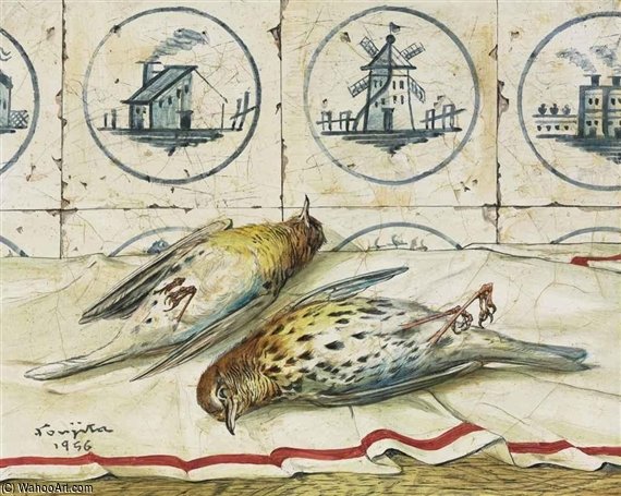 Wikioo.org - The Encyclopedia of Fine Arts - Painting, Artwork by Léonard Tsugouharu Foujita - Nature Morte Aux Oiseaux