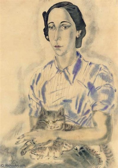 WikiOO.org - Encyclopedia of Fine Arts - Schilderen, Artwork Léonard Tsugouharu Foujita - Portrait De Femme Assise Avec Chat