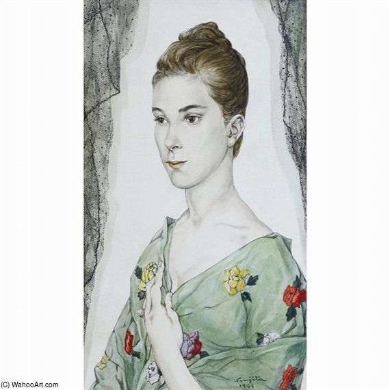 WikiOO.org - Enciclopedia of Fine Arts - Pictura, lucrări de artă Léonard Tsugouharu Foujita - Portrait De Jeune Femme Au Chale Vert