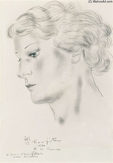 WikiOO.org - אנציקלופדיה לאמנויות יפות - ציור, יצירות אמנות Léonard Tsugouharu Foujita - Portrait De Jeune Femme Aux Yeux Bleus
