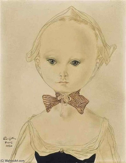 WikiOO.org - Enciklopedija dailės - Tapyba, meno kuriniai Léonard Tsugouharu Foujita - Portrait De Jeune Fille Au Noeud Rayé