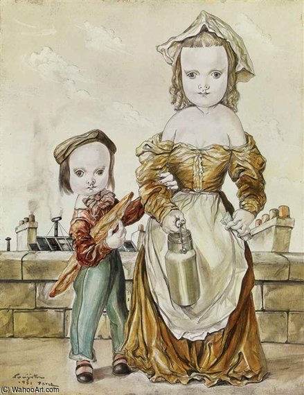 Wikioo.org - The Encyclopedia of Fine Arts - Painting, Artwork by Léonard Tsugouharu Foujita - Two Children Carrying Bread And Milk