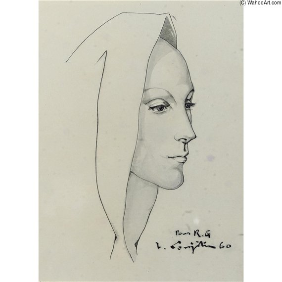 Wikioo.org – La Enciclopedia de las Bellas Artes - Pintura, Obras de arte de Léonard Tsugouharu Foujita - Visage De Femme Au Voile