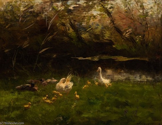 WikiOO.org – 美術百科全書 - 繪畫，作品 Willem Maris - 一个 家庭 的 鸭子  通过  的  水