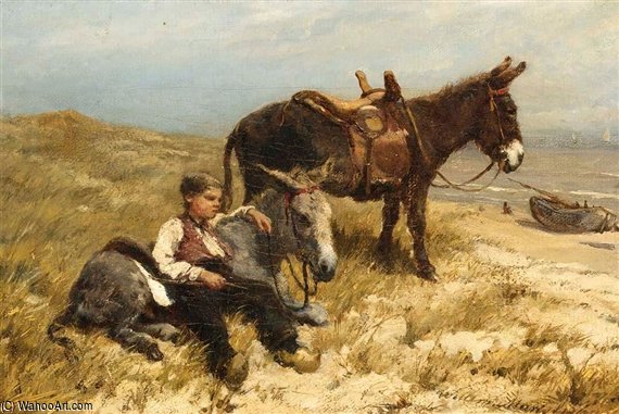 Wikioo.org – L'Enciclopedia delle Belle Arti - Pittura, Opere di Willem Maris - Un Herdboy con asini su Spiaggia di Scheveningen
