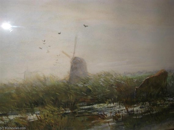WikiOO.org - Εγκυκλοπαίδεια Καλών Τεχνών - Ζωγραφική, έργα τέχνης Willem Maris - Cows In A Pasture With Two Windmills