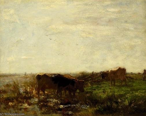 Wikioo.org - The Encyclopedia of Fine Arts - Painting, Artwork by Willem Maris - Cows On The Water's Edge In A Polderscape