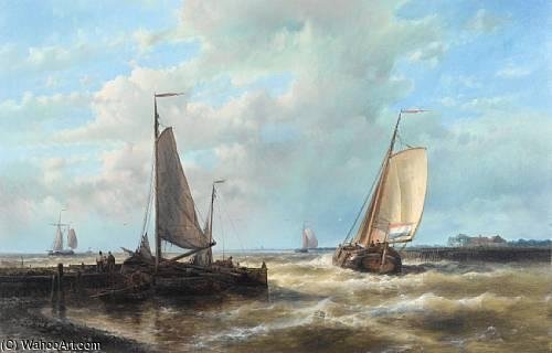 Wikioo.org - The Encyclopedia of Fine Arts - Painting, Artwork by Abraham Hulk Senior - A Dutch Barge Heading Out Of Harbour On The Tide
