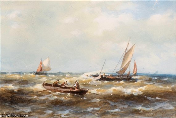 Wikioo.org - The Encyclopedia of Fine Arts - Painting, Artwork by Abraham Hulk Senior - A Rowing Boat And Ships In Choppy Waters