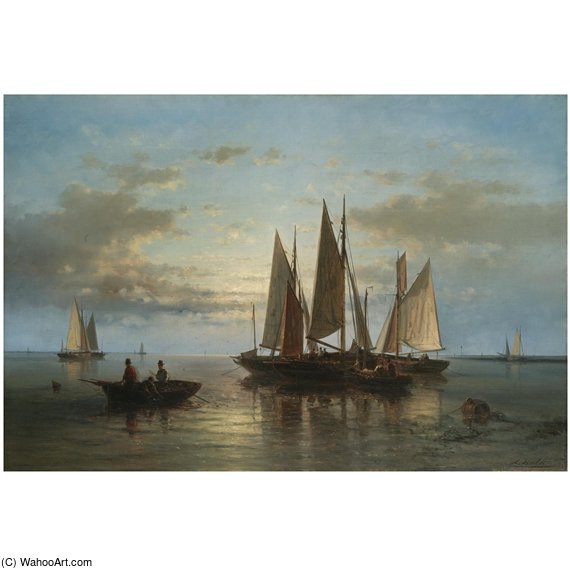 Wikioo.org - สารานุกรมวิจิตรศิลป์ - จิตรกรรม Abraham Hulk Senior - Boats Clustered By The Shore