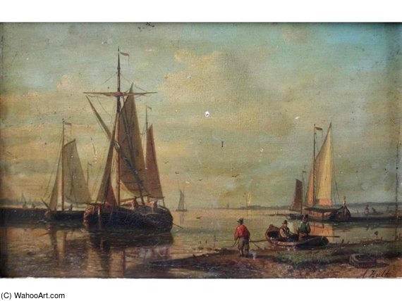 Wikioo.org - The Encyclopedia of Fine Arts - Painting, Artwork by Abraham Hulk Senior - Figures And Boats By An Estuary