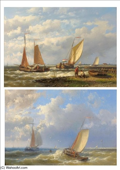 Wikioo.org - The Encyclopedia of Fine Arts - Painting, Artwork by Abraham Hulk Senior - Figures And Fishing Boats In A Dutch Estuary