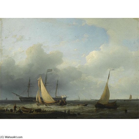 Wikioo.org - The Encyclopedia of Fine Arts - Painting, Artwork by Abraham Hulk Senior - Fishing Boats And A Frigate On Choppy Waters