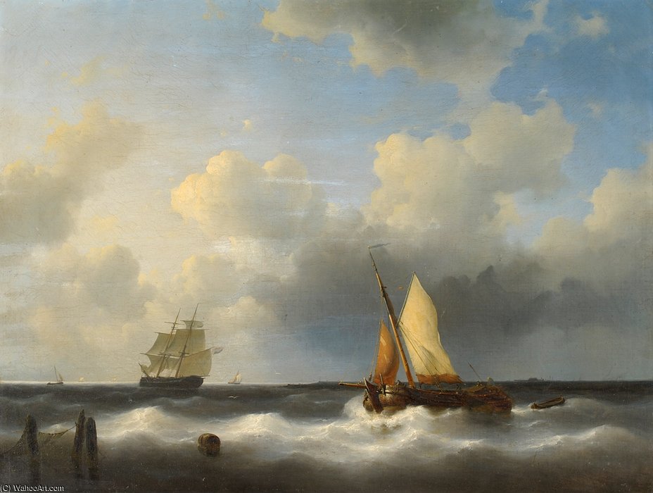 Wikioo.org - The Encyclopedia of Fine Arts - Painting, Artwork by Abraham Hulk Senior - Frigate And Fishing Boat Off The Coast