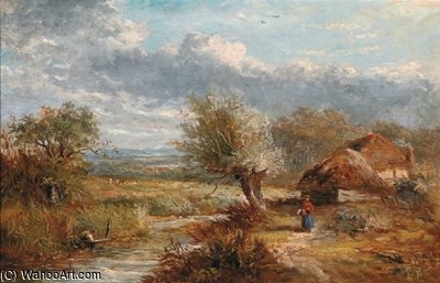 Wikioo.org - The Encyclopedia of Fine Arts - Painting, Artwork by Abraham Hulk Senior - Summer Landscape With Farm Cottages By A Stream