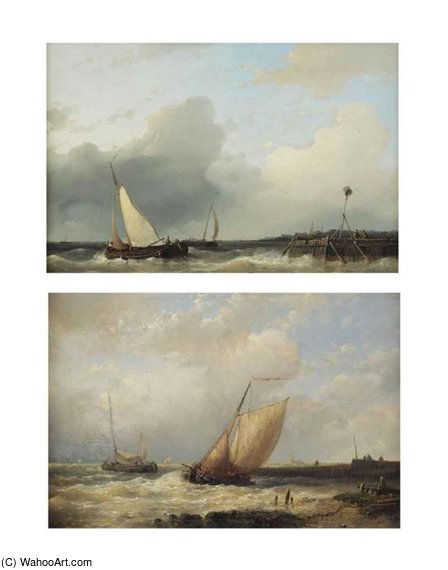Wikioo.org - The Encyclopedia of Fine Arts - Painting, Artwork by Abraham Hulk Senior - Two Dutch 'platbodems' Shipping Off The Coast