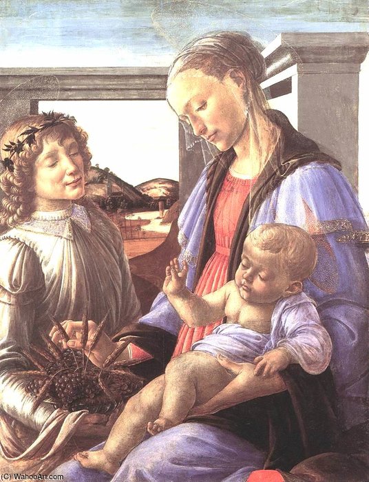 WikiOO.org – 美術百科全書 - 繪畫，作品 Sandro Botticelli -  麦当娜和孩子  与  一个  天使