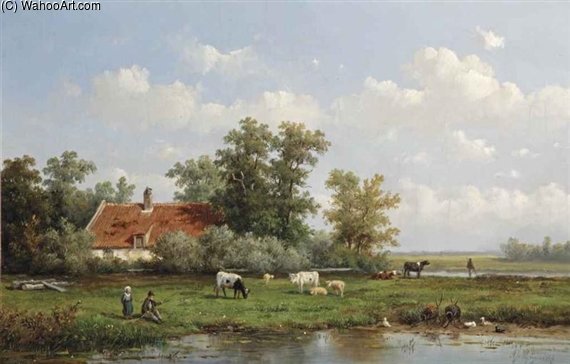 WikiOO.org - Enciclopédia das Belas Artes - Pintura, Arte por Anthonie Jacobus Van Wijngaerdt - A Polder Landscape With Figures And Cattle