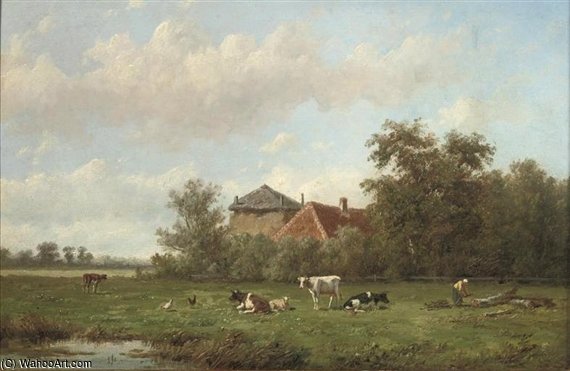 Wikioo.org - Bách khoa toàn thư về mỹ thuật - Vẽ tranh, Tác phẩm nghệ thuật Anthonie Jacobus Van Wijngaerdt - Cattle Grazing With A Farmstead Beyond