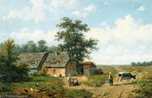Wikioo.org - The Encyclopedia of Fine Arts - Painting, Artwork by Anthonie Jacobus Van Wijngaerdt - Figures Outside A Cottage On A Sunny Day