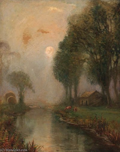 Wikioo.org - The Encyclopedia of Fine Arts - Painting, Artwork by Arthur Henry Church - Cattle In A Moonlit Watermeadow