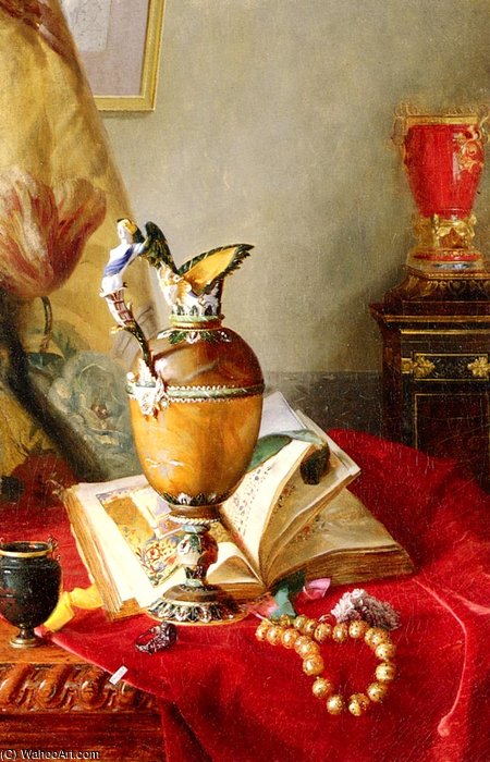 Wikioo.org - The Encyclopedia of Fine Arts - Painting, Artwork by Blaise Alexandre Desgoffe - A Still Life With Urns And Illuminated Manuscript On A Draped Table