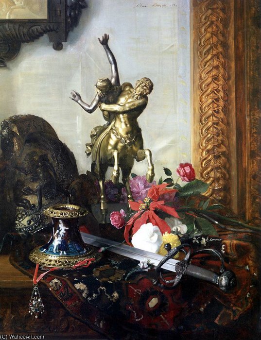 Wikioo.org - The Encyclopedia of Fine Arts - Painting, Artwork by Blaise Alexandre Desgoffe - Still Life With A Bronze Statue