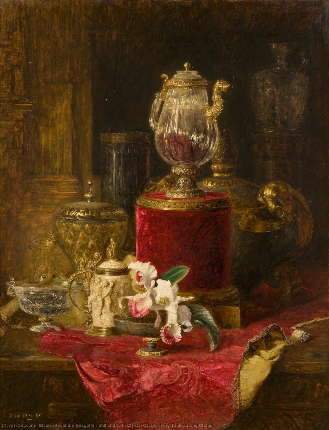 Wikioo.org - The Encyclopedia of Fine Arts - Painting, Artwork by Blaise Alexandre Desgoffe - Still Life With Crystal Carafe, Ivory Tankard And Orchid