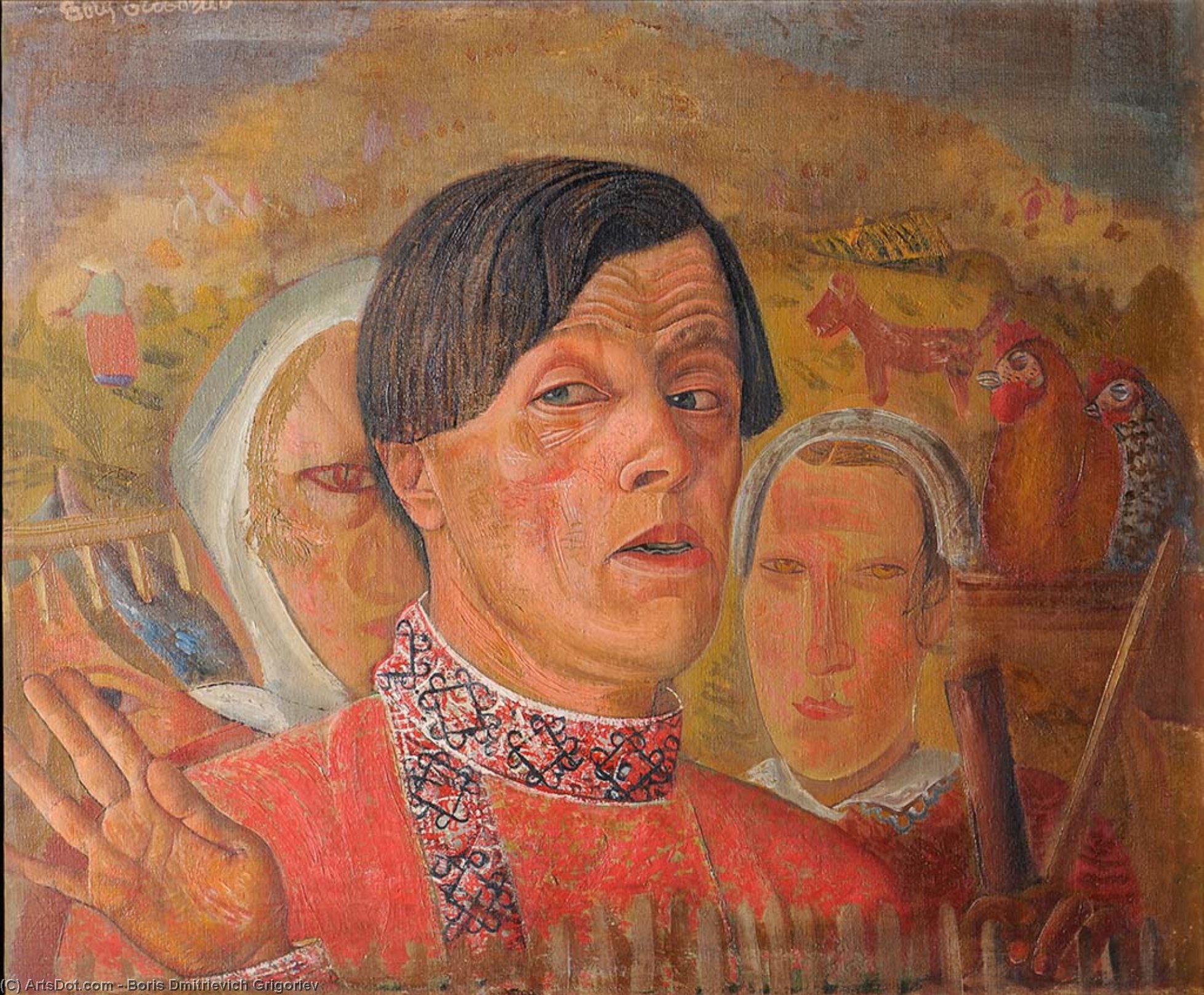 Wikioo.org - The Encyclopedia of Fine Arts - Painting, Artwork by Boris Dmitrievich Grigoriev - Self-portrait With Rooster And Hen