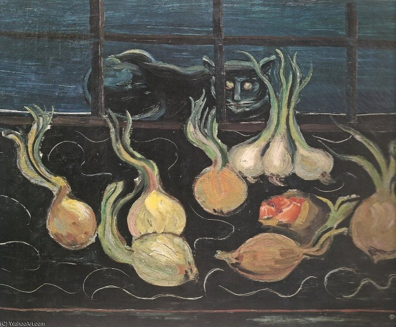 Wikioo.org - The Encyclopedia of Fine Arts - Painting, Artwork by Boris Dmitrievich Grigoriev - Still-life With Cat And Onions