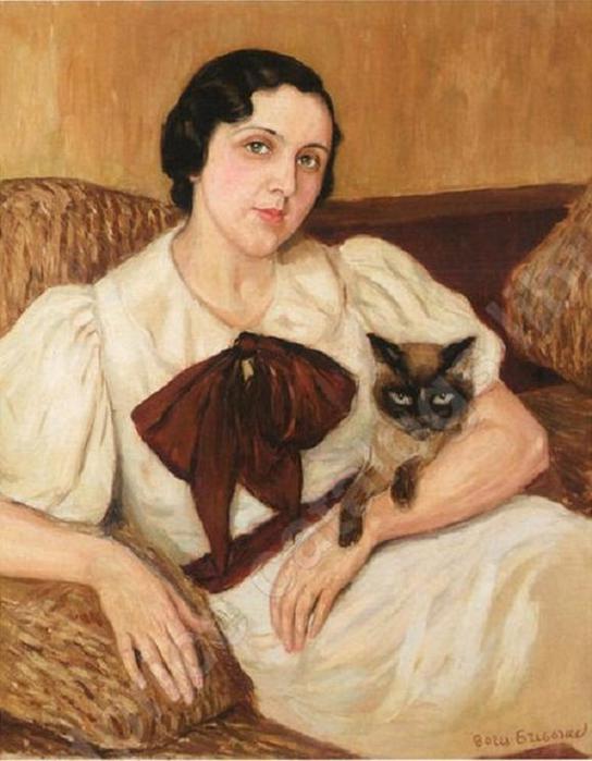 Wikioo.org - The Encyclopedia of Fine Arts - Painting, Artwork by Boris Dmitrievich Grigoriev - Woman With Cat