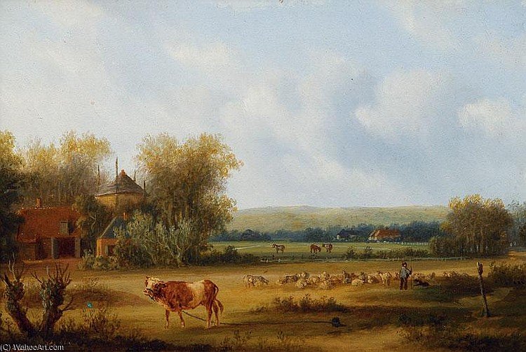 Wikioo.org - สารานุกรมวิจิตรศิลป์ - จิตรกรรม Carl Eduard Ahrendts - Sheperd With His Flock In A Wide Landscape