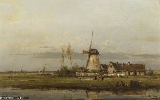 WikiOO.org - Enciklopedija dailės - Tapyba, meno kuriniai Cesar De Cock - Washerwomen At Work By A Windmill