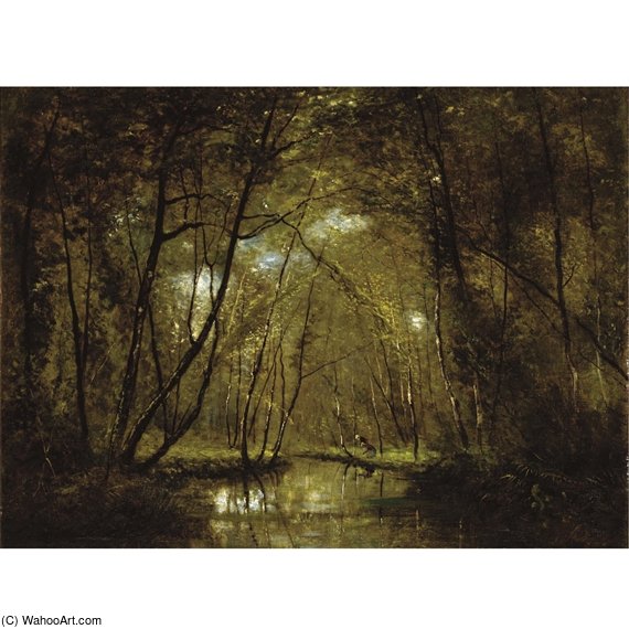 Wikioo.org - The Encyclopedia of Fine Arts - Painting, Artwork by Cesar De Cock - Wooded Riverscape With Figures