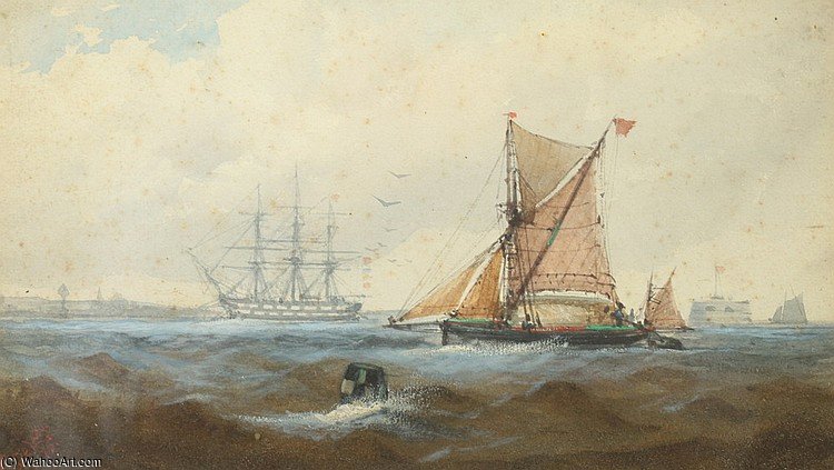 Wikoo.org - موسوعة الفنون الجميلة - اللوحة، العمل الفني Charles John De Lacy - Tall Ships On Rough Seas